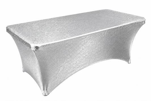 Mantel plateado tipo cobertor Spandex para mesa rectangular de 1.8 metros