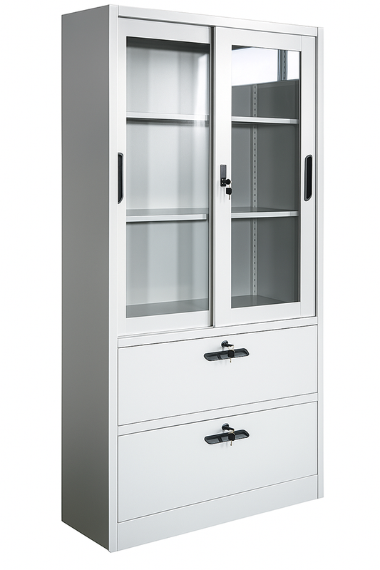 Mueble Gabinete con puertas y vidrios.